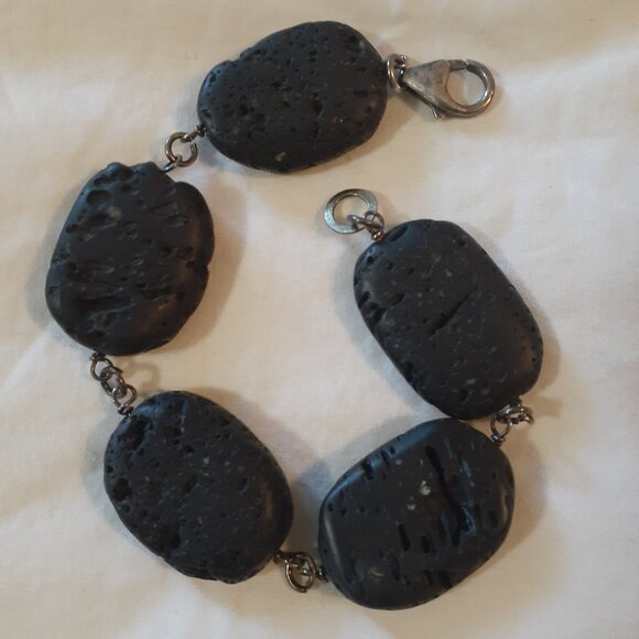 Lava Stone Bracelet, 8 Inches In Length, Black And Silver - Picture 1 of 3